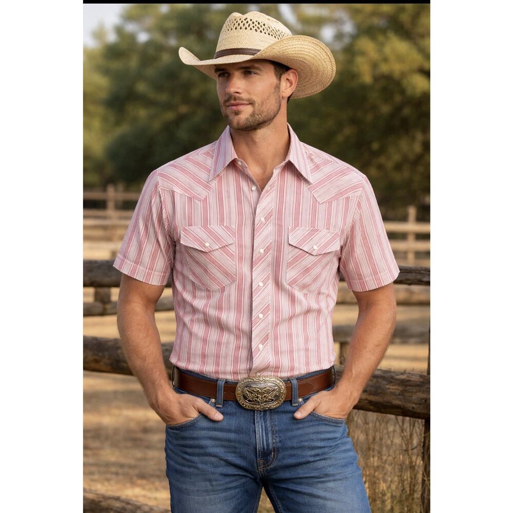 Vintage Stagecoach Western Shirt XL Red Stripe Pearl Snap Short Sleeve Cowboy